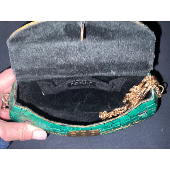 Ramla Clutch Bag Moroccan Mosaic Green Crossbody Unique Gold Blue Hamsa Hand - Picture 5 of 8